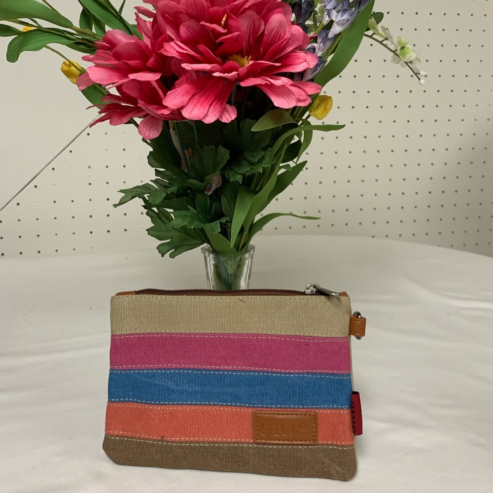 Multi Color Canvas Bag Wristlet Pouch ~ Pink, Beige, Blue, Orange & Brown